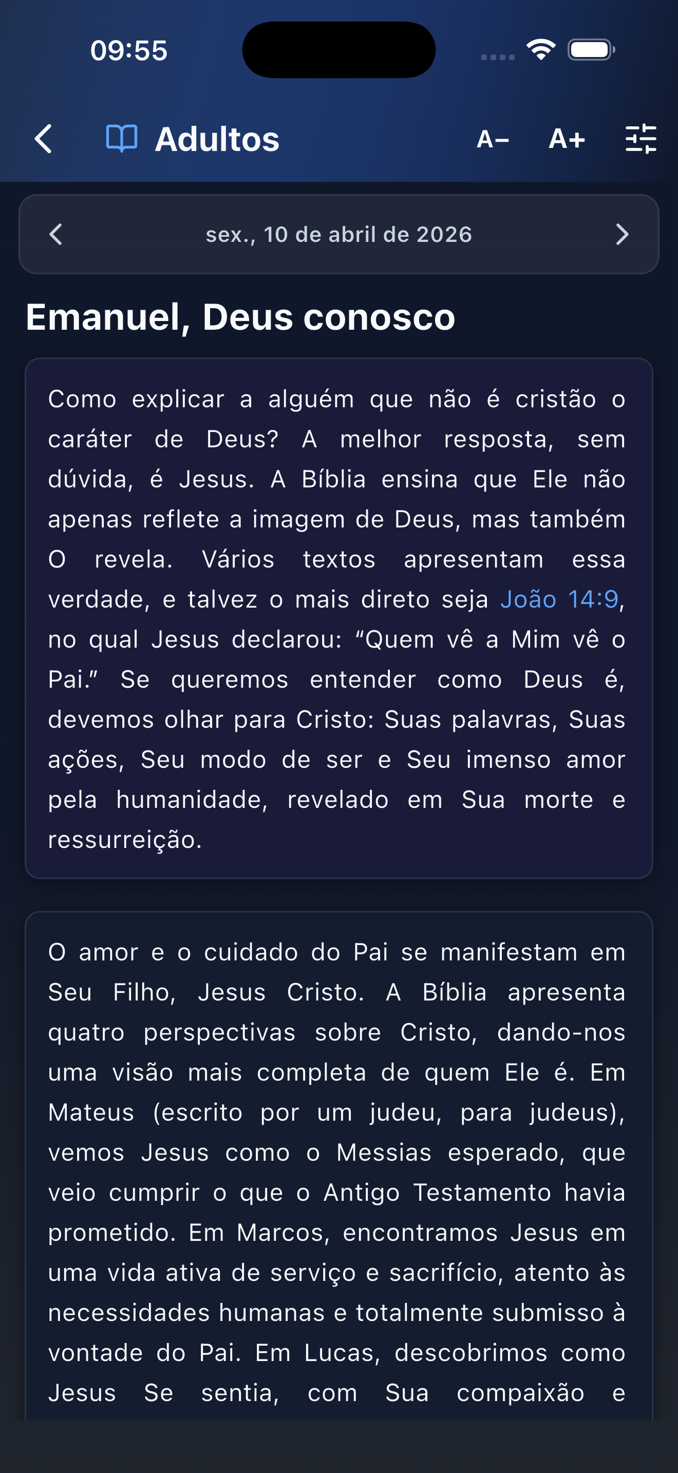 Print do app — lição / leitura (escuro)