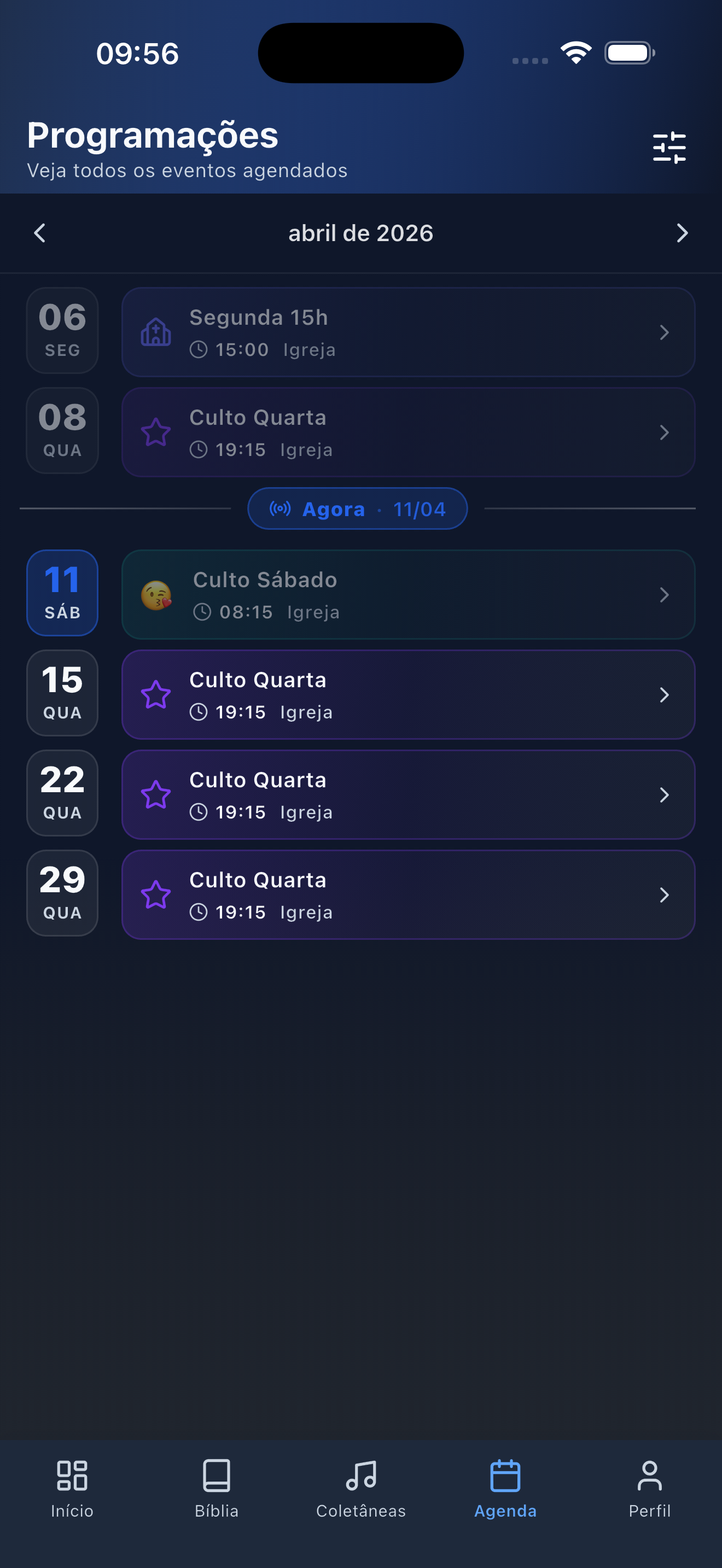 Print do app — escalas (escuro)